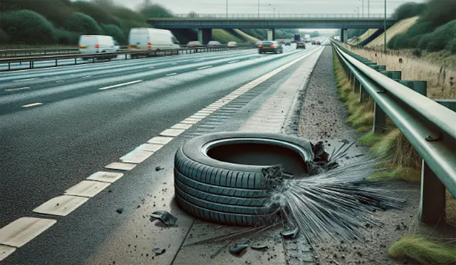 Damaged tyre on the side of the motorway